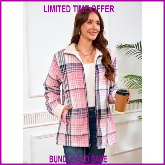 Women's Sherpa Lined Fleece Jacket Full Zip Plaid Flannel Casual - Picture 7 of 8